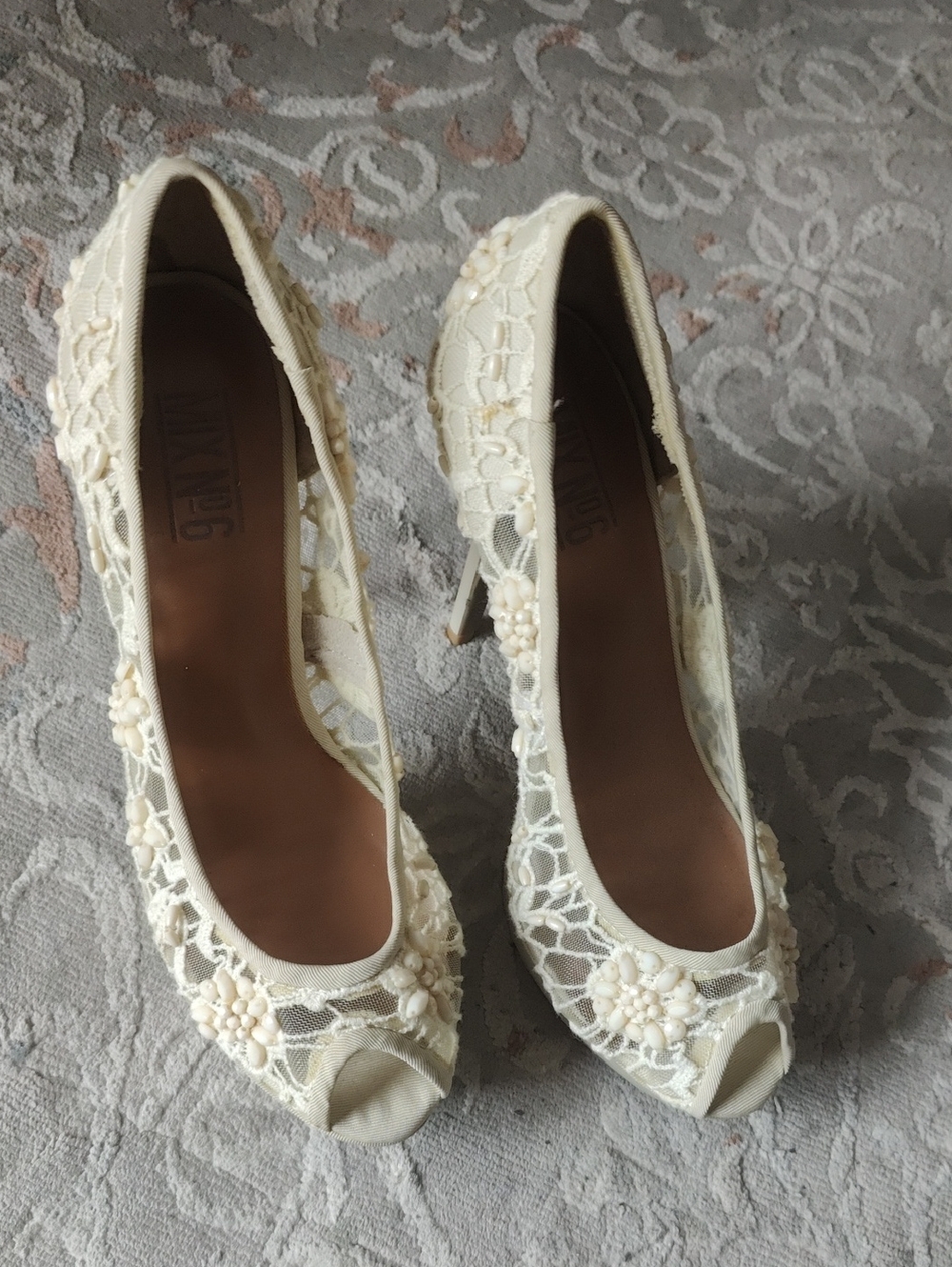 Mix No. 6  Ivory Lace Peep-Toe Heels with Floral Appliquémix